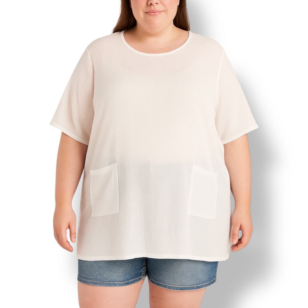 Vintage White Sheer Blouse Cotton Tunic Top Short Sleeve Crewneck 2X Casual